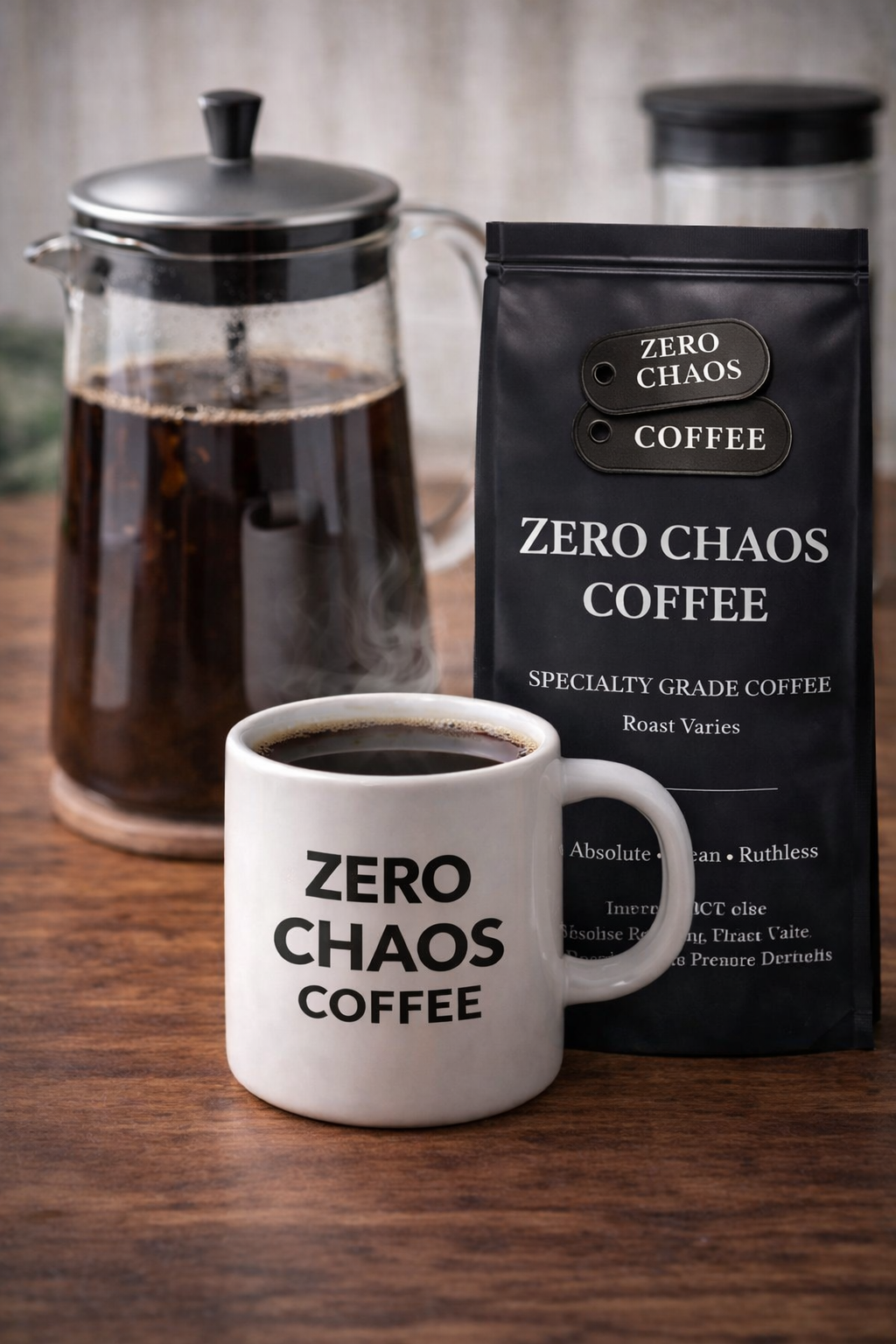 Zero Chaos Coffee mug with black coffee beside specialty grade coffee bag and French press — Zero Chaos Coffee