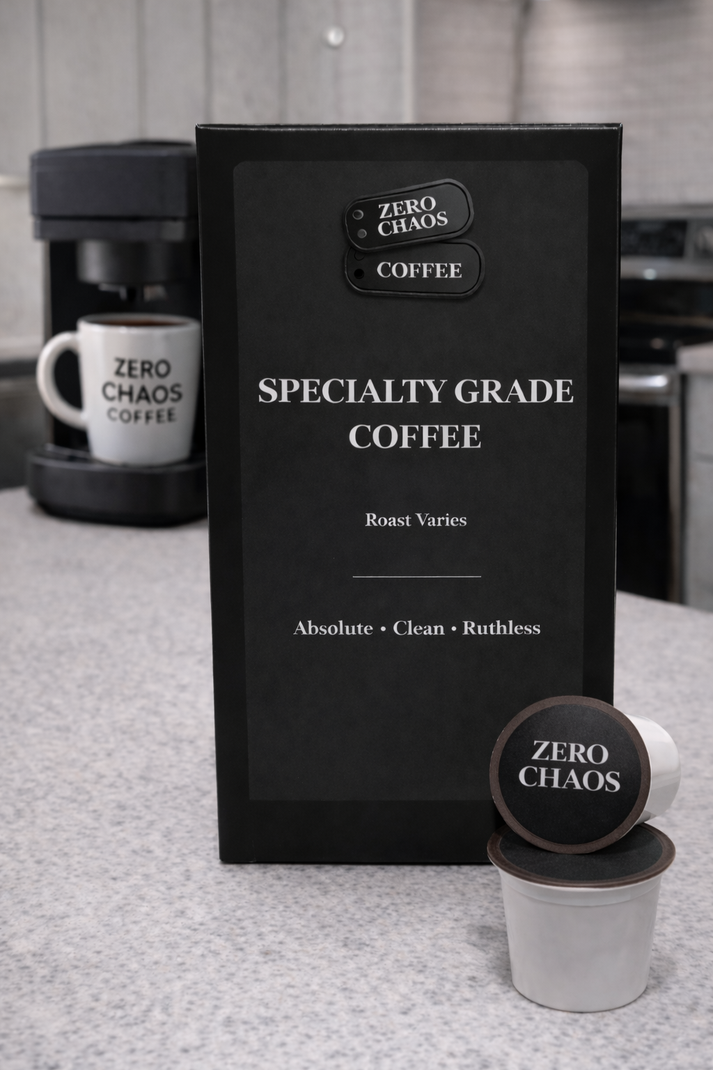 Zero Chaos Coffee pods box with four coffee pods and single serve brewer — Zero Chaos Coffee