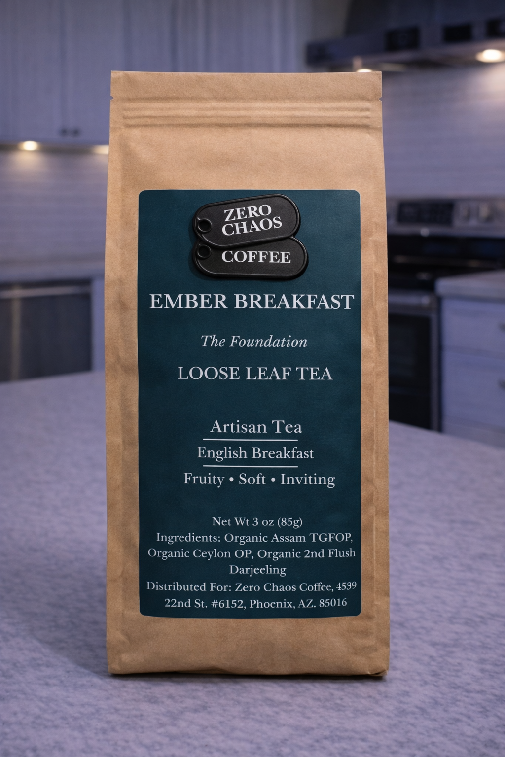 Ember Breakfast loose leaf tea tin — organic Assam Ceylon Darjeeling morning anchor — Zero Chaos Coffee