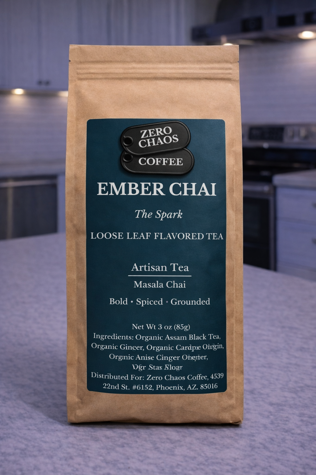 Ember Chai loose leaf tea tin — spiced Assam ginger cardamom re-entry — Zero Chaos Coffee