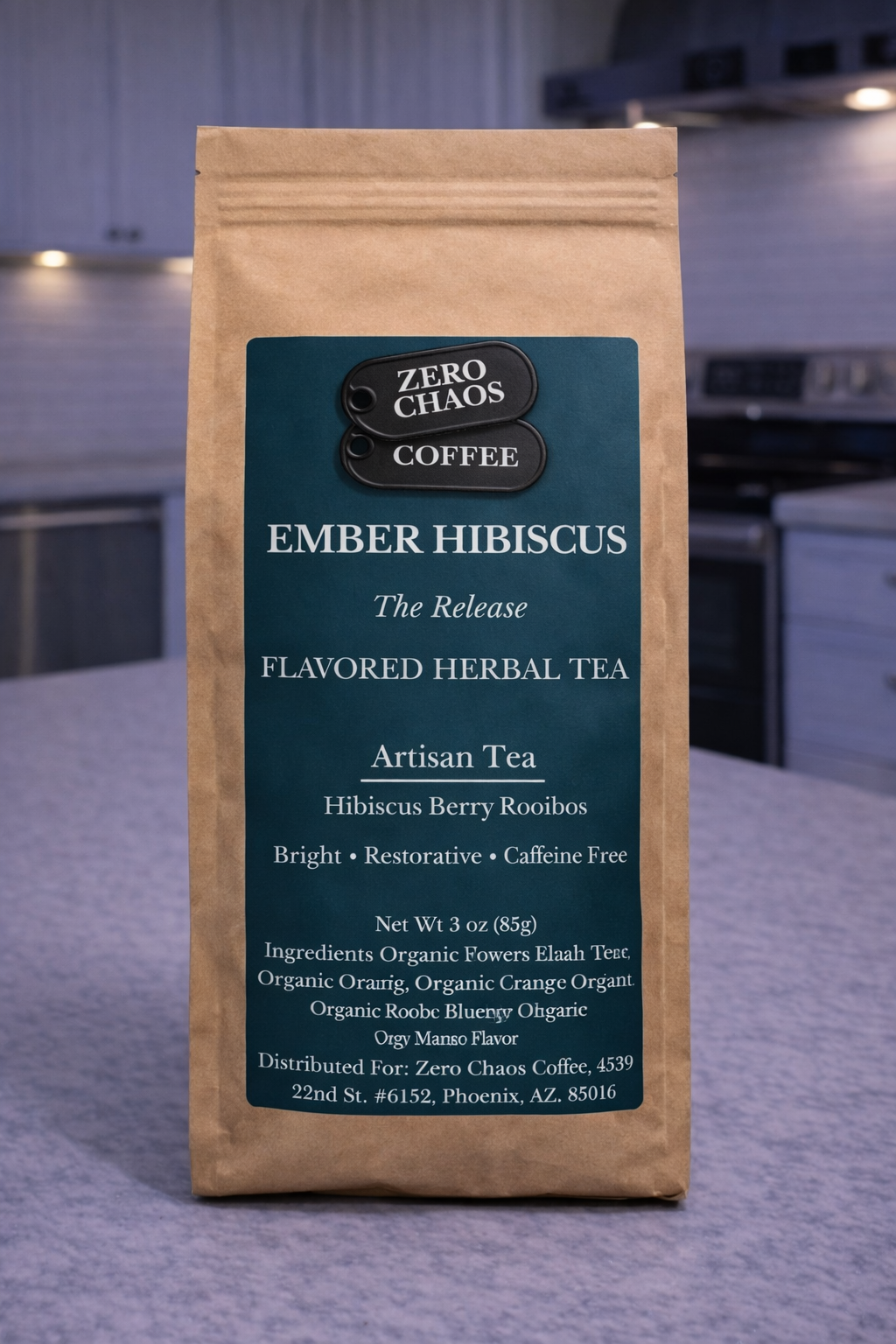 Ember Hibiscus loose leaf tea tin — caffeine free hibiscus rosehips rooibos — Zero Chaos Coffee