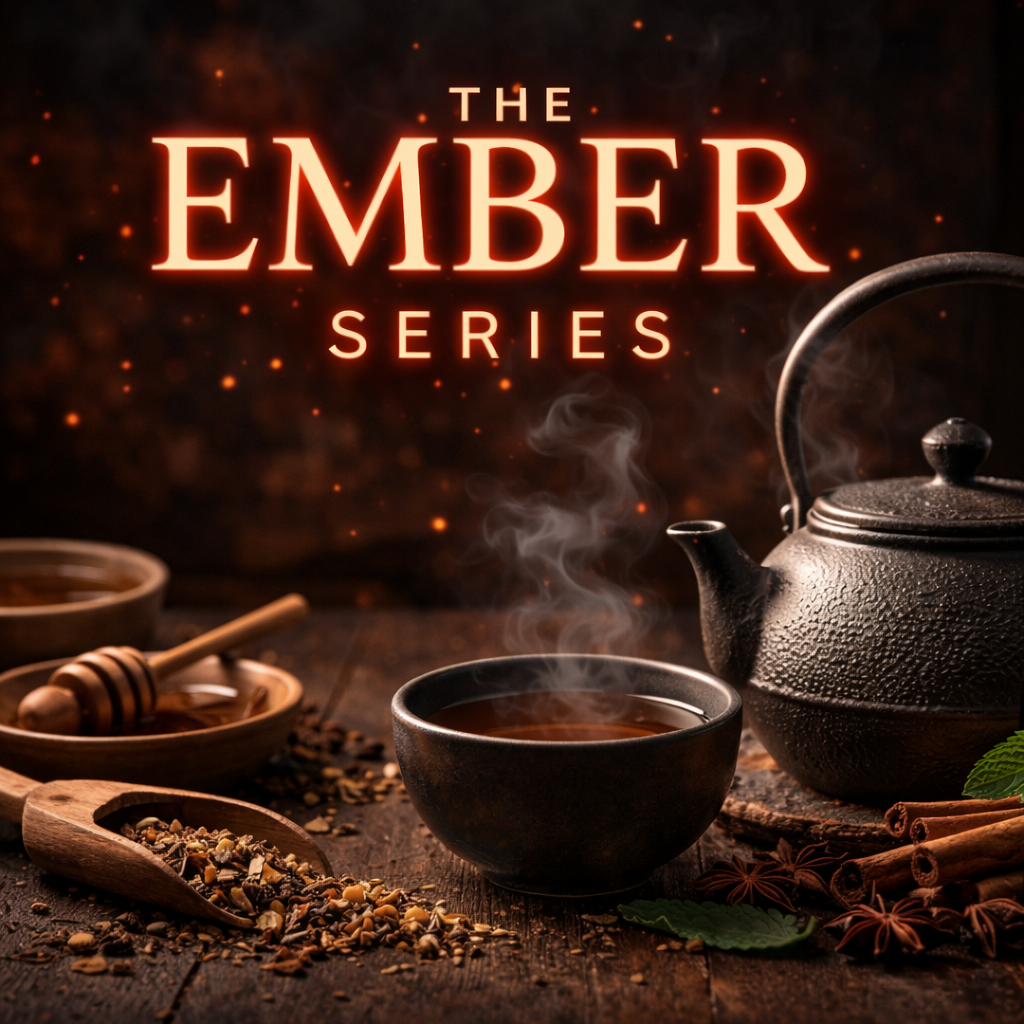  The Ember Series by Zero Chaos Coffee — steaming tea bowl with cast iron kettle, spices, and honey on dark wood surface