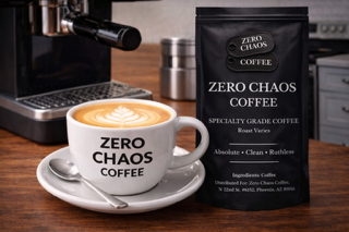 Zero Chaos Coffee mug with latte art beside specialty grade coffee bag and espresso machine — Zero Chaos Coffee