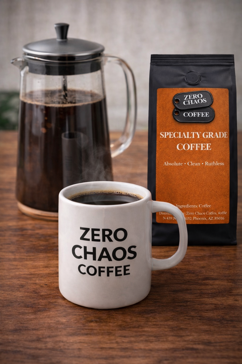 Zero Chaos Coffee mug with black coffee beside specialty grade coffee bag and French press — Zero Chaos Coffee