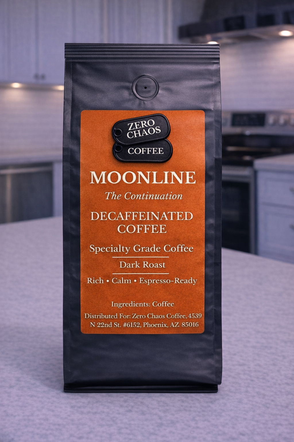 Zero Chaos Coffee Moonline Decaffeinated coffee package on a kitchen counter