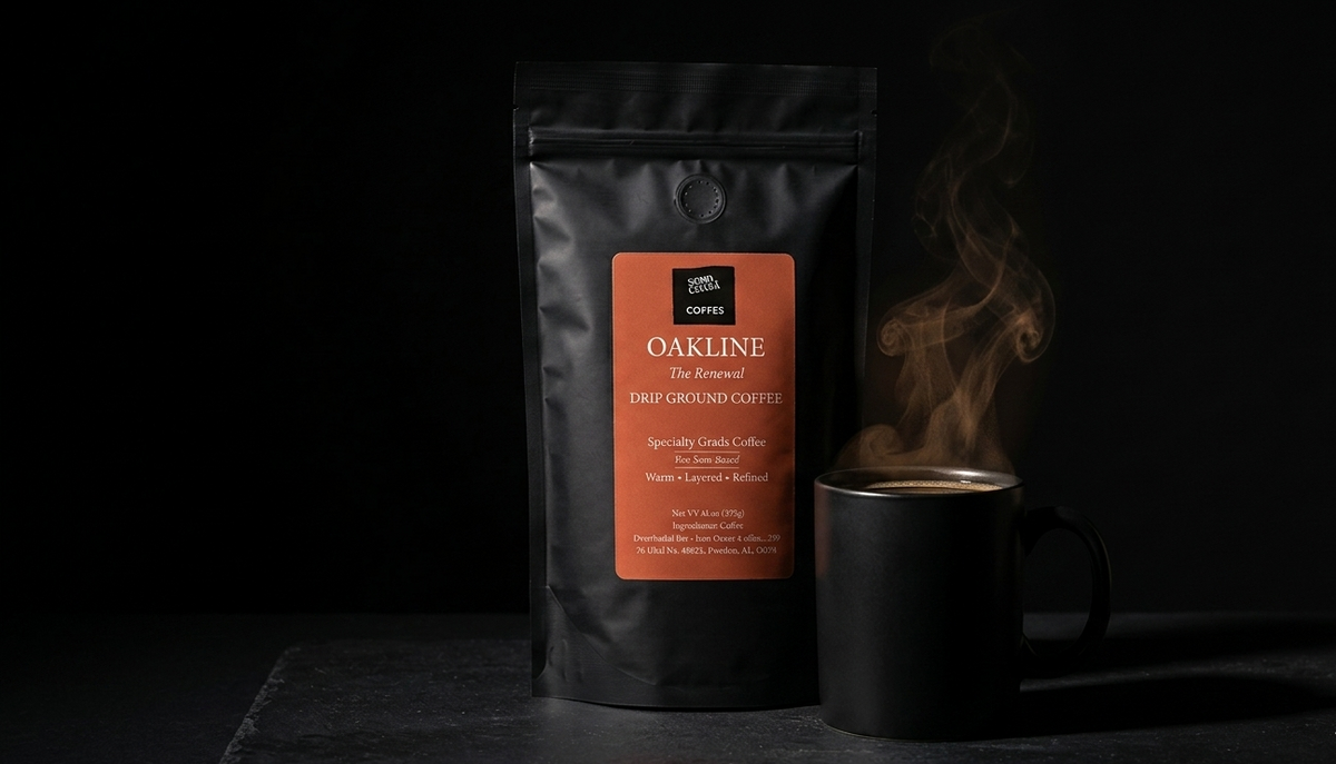 Oak Line coffee bag beside filled black mug on dark surface — Zero Chaos Coffee afternoon transition ritual