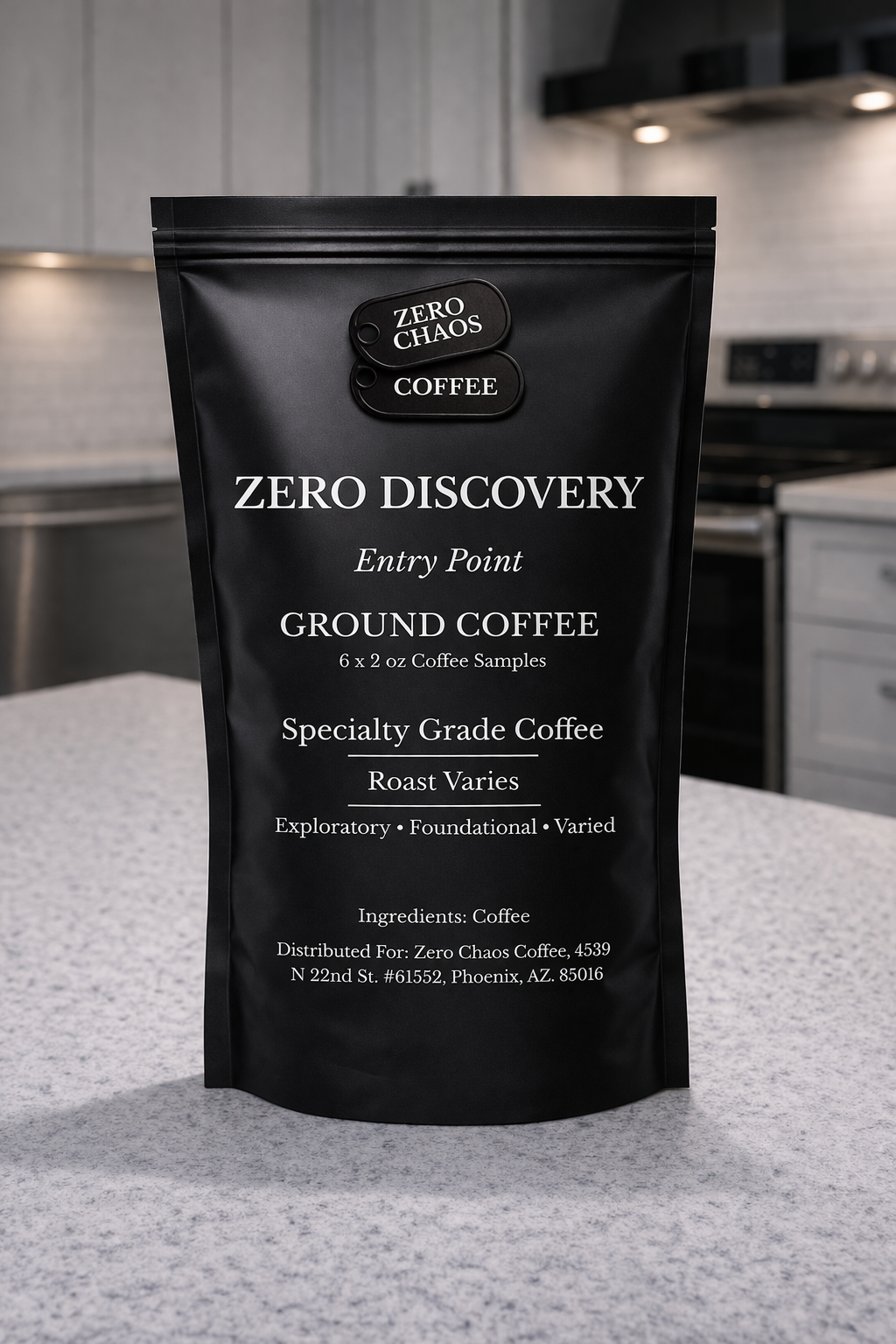 Zero Chaos Coffee bag labeled 'Zero Discovery' on a kitchen counter