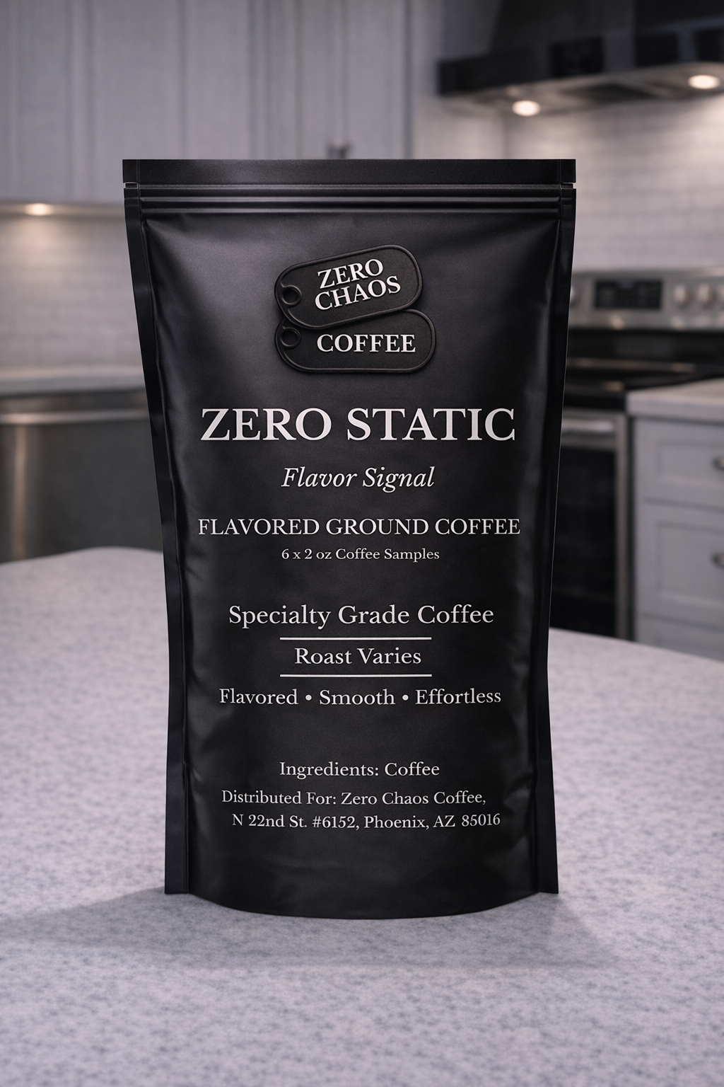 Zero Chaos Coffee Zero Static package on a kitchen counter