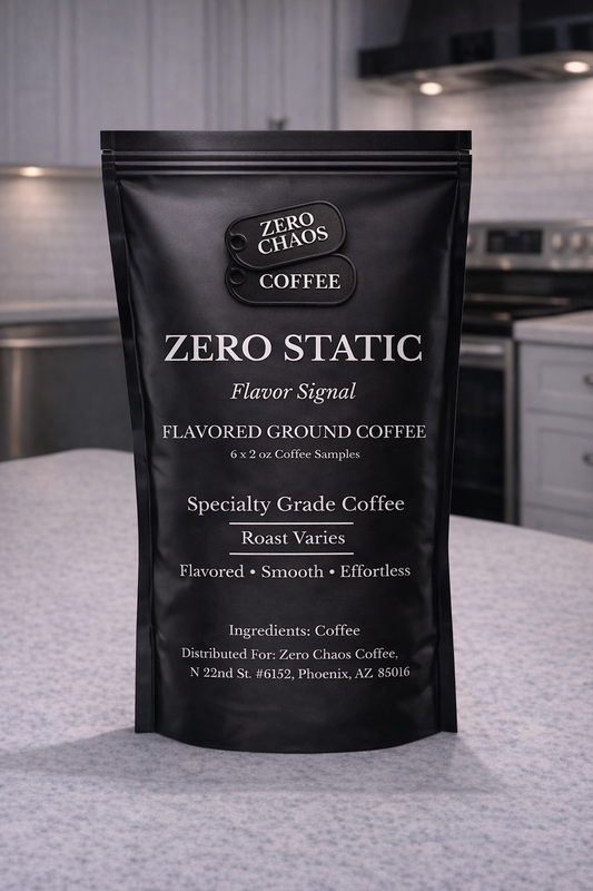 Zero Static sampler bag — six flavored coffee profiles entry point — Zero Chaos Coffee