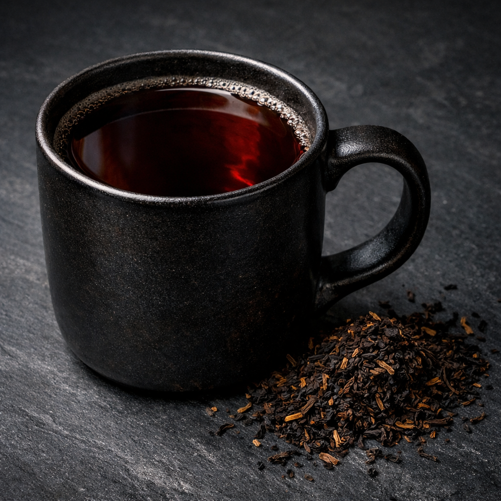 Dark mug of steeped black tea with loose Assam leaves — Zero Chaos Coffee Ember Breakfast