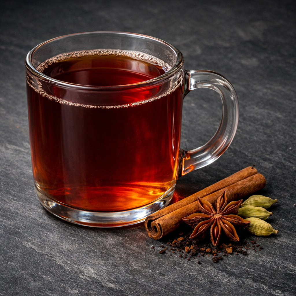 Glass mug of spiced chai with cinnamon, star anise, and cardamom — Zero Chaos Coffee Ember Chai