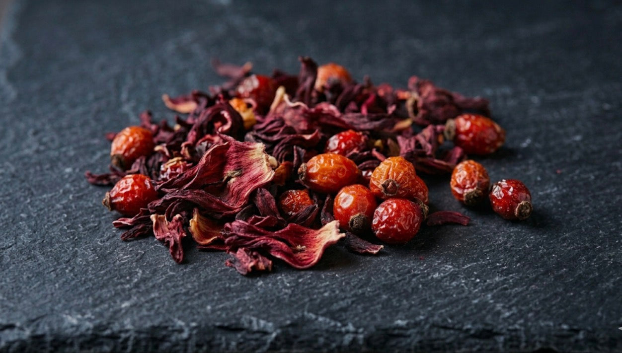 Close-up of dried hibiscus petals and rosehips — Zero Chaos Coffee Ember Hibiscus