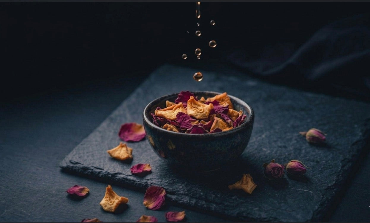 Close-up of dried peach and rose petal tea blend — Zero Chaos Coffee Ember Peach
