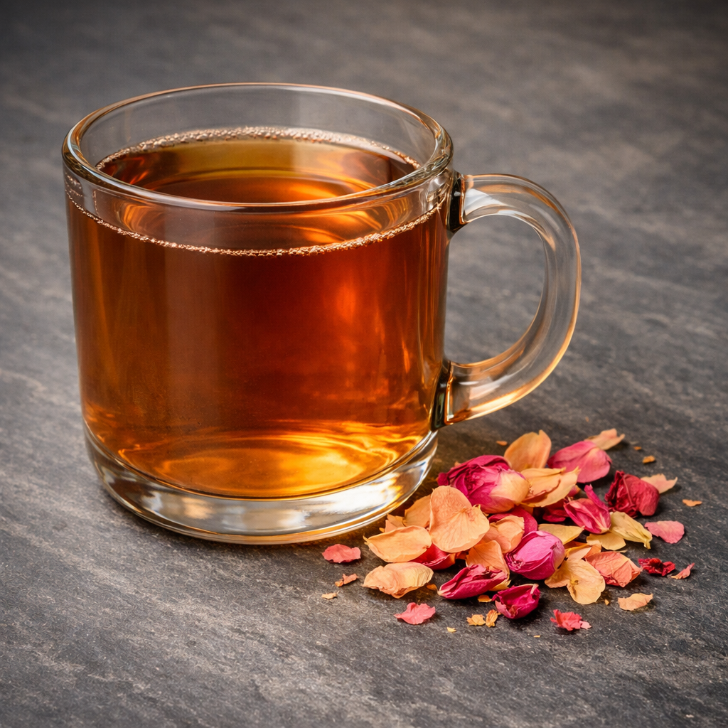 Glass mug of amber tea with dried peach and rose petals — Zero Chaos Coffee Ember Peach