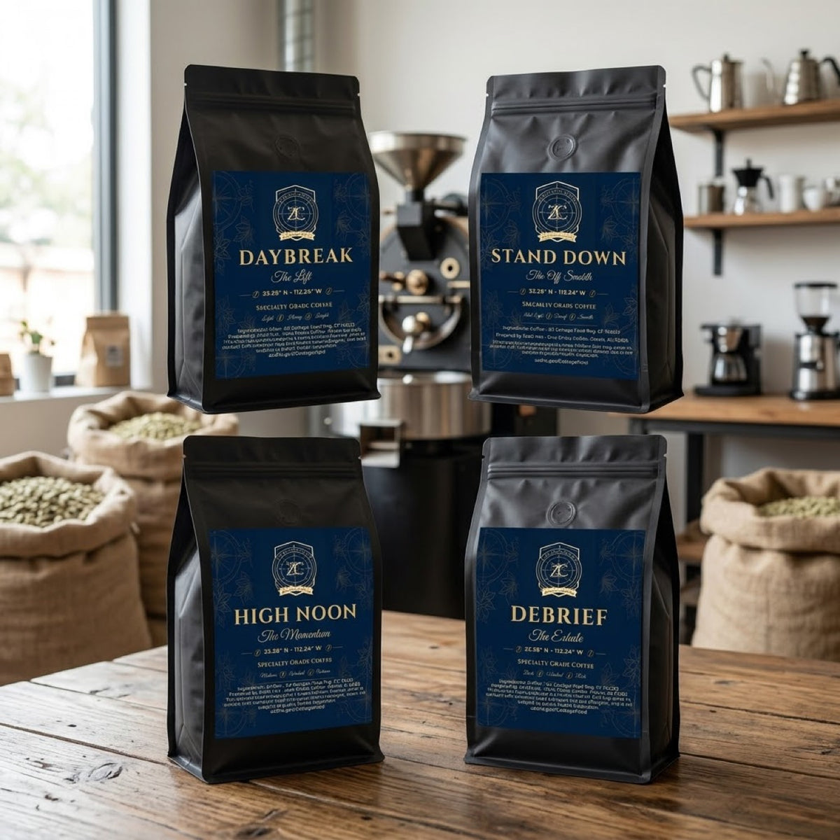 The Founder Series roasts in the roastery: Daybreak, High Noon, Debrief, and Stand Down